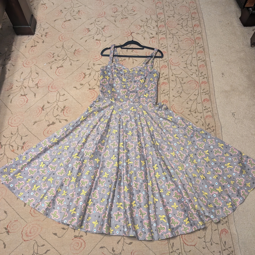 Pinup Couture Floral Midi Dress in Gray and Yellow